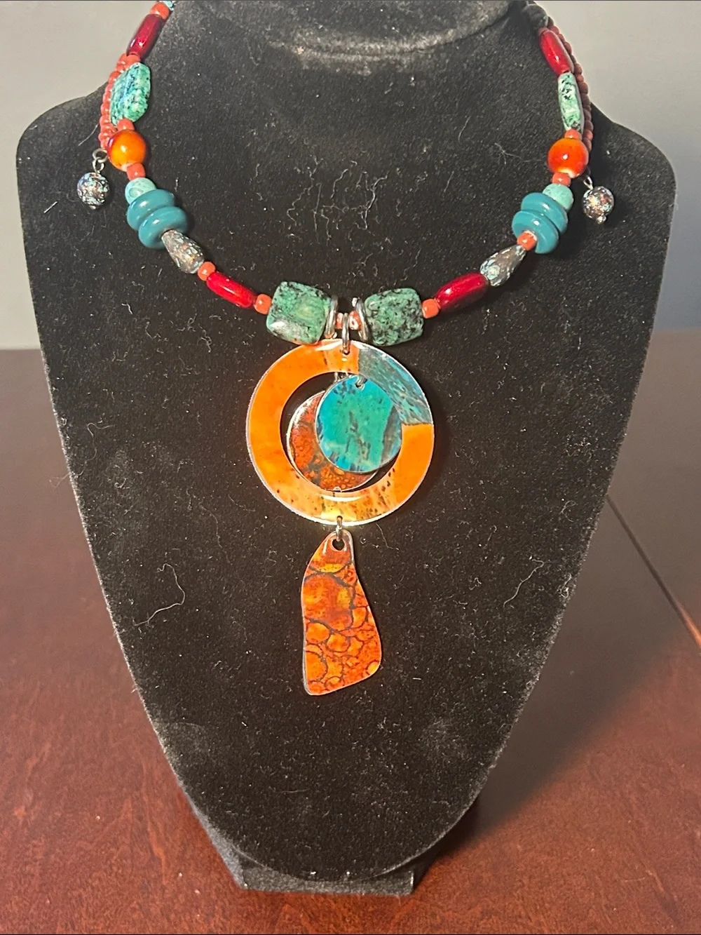 Vibrant Orange & Turquoise Mixed Bead Pendant Necklace